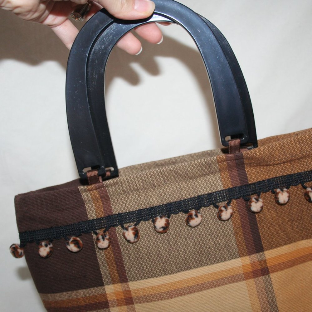 NWOT POM POM PURSE AUTUMN PLAID CANVAS TOASTED BROWN SMALL TOTE BAG CARRYALL - Picture 7 of 15